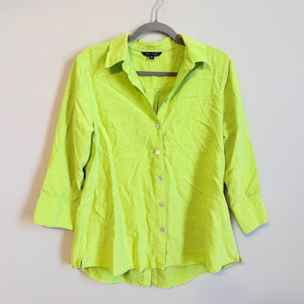 John Mark Neon Lime Green Button Back 3/4 Sleeve Shirt Womens Medium Rayon Blend